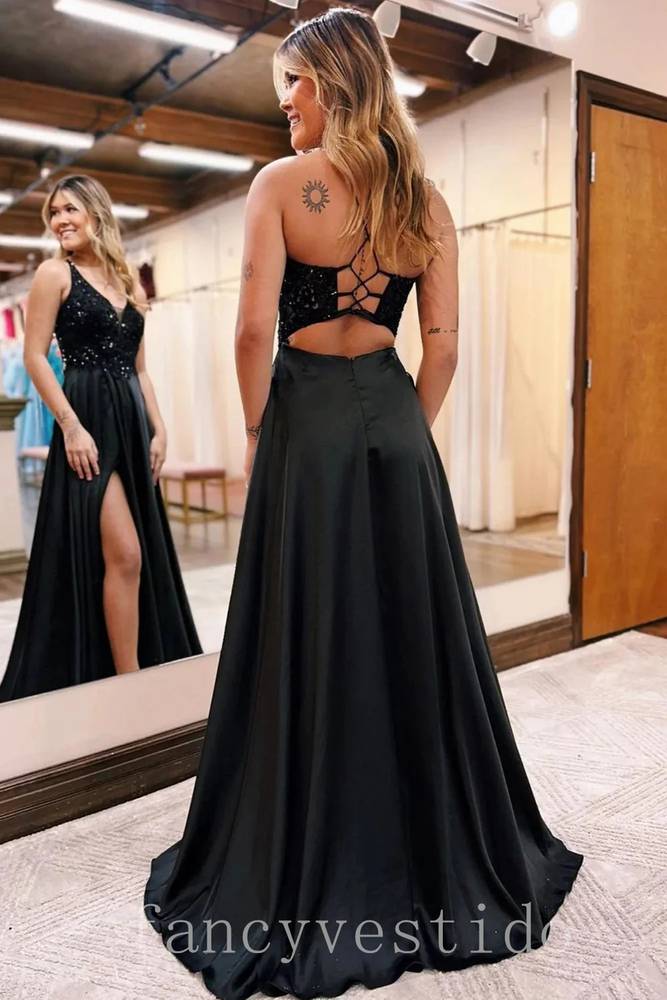 Elegant V-Neck Sequin A-Line Prom Dress with Slit