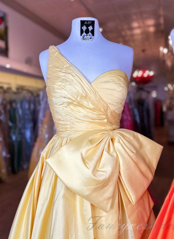 One Shoulder Orange Pleated A-Line Prom Dress with Bow