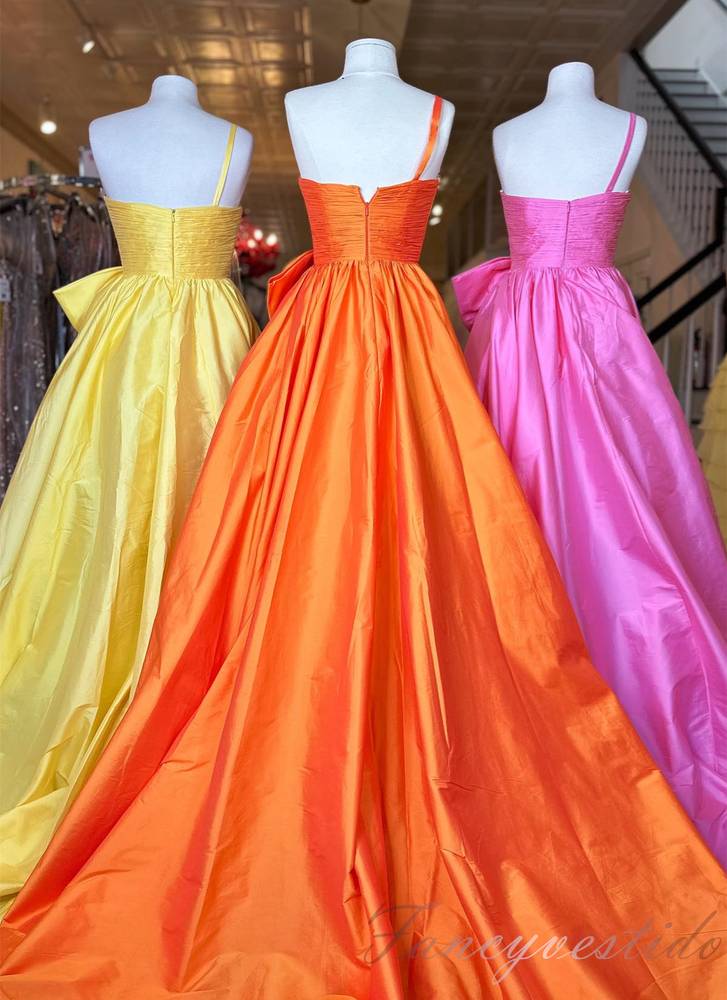 One Shoulder Orange Pleated A-Line Prom Dress with Bow