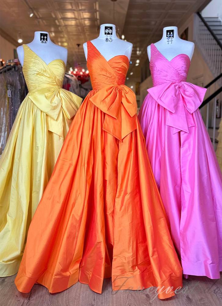 One Shoulder Orange Pleated A-Line Prom Dress with Bow