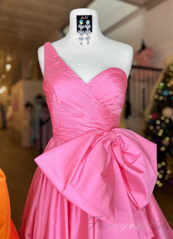 One Shoulder Orange Pleated A-Line Prom Dress with Bow