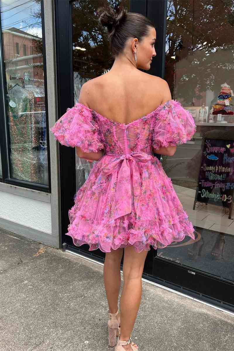hot pink floral print short princess dress back shot