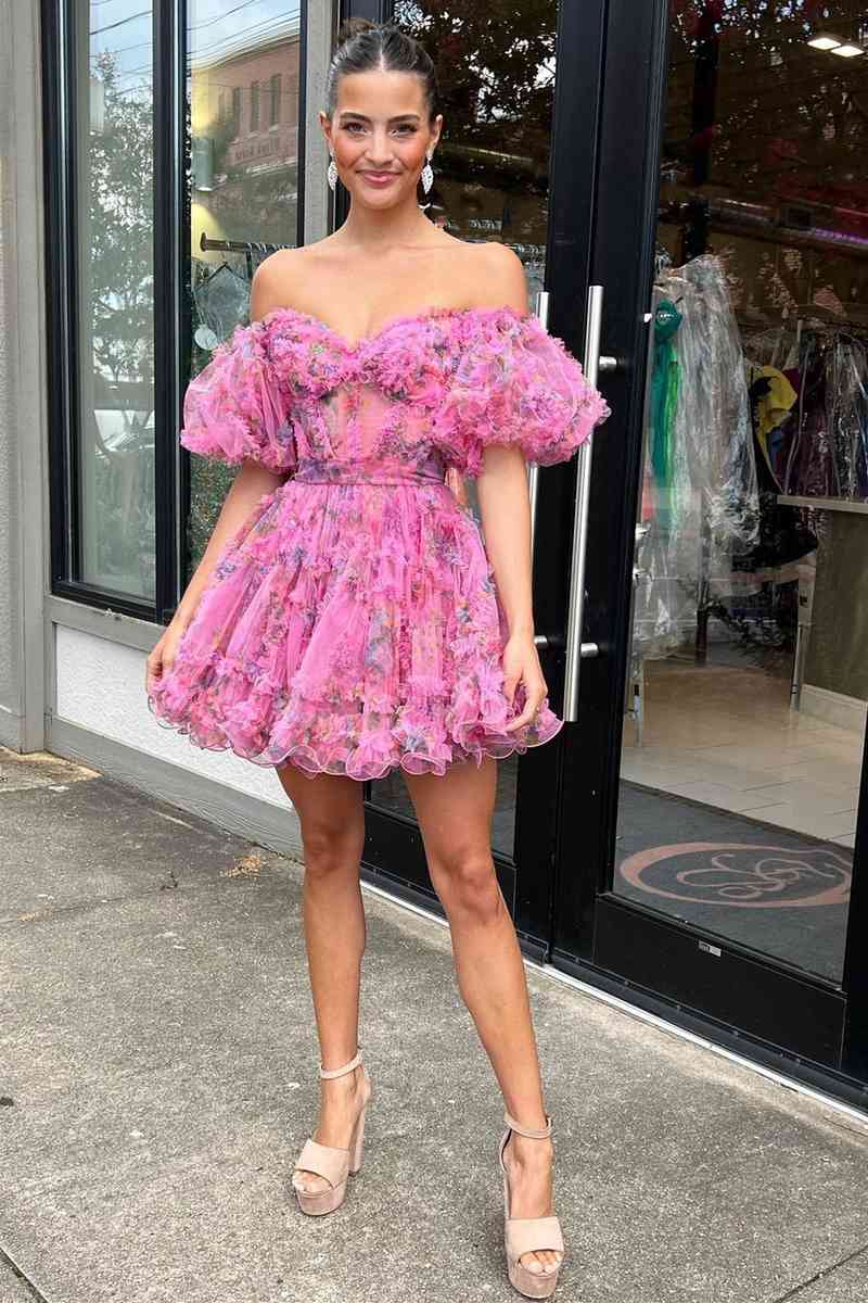 hot pink floral print short princess dress front shot
