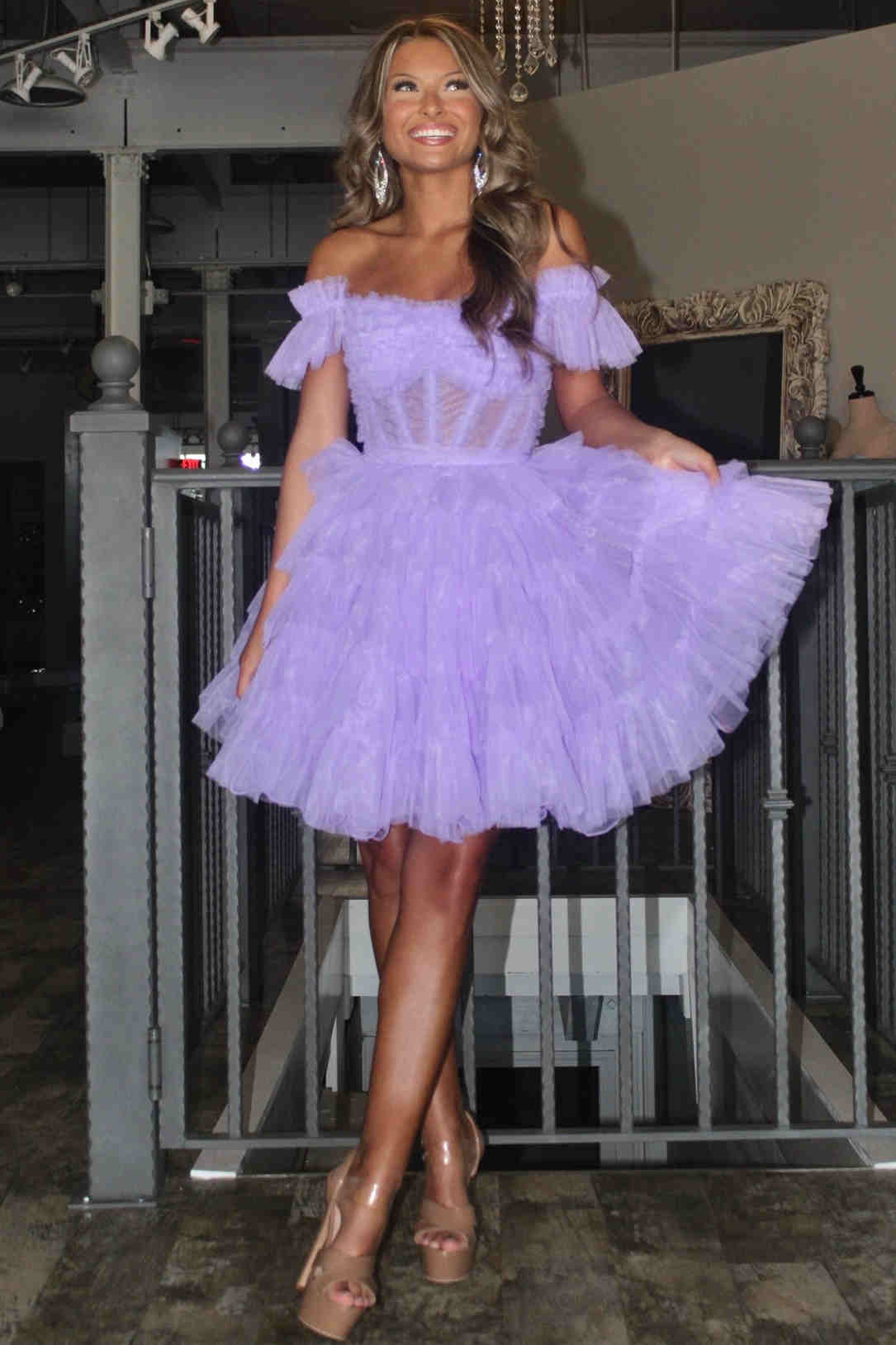lavender strapless tulle short ruffle dress front shot