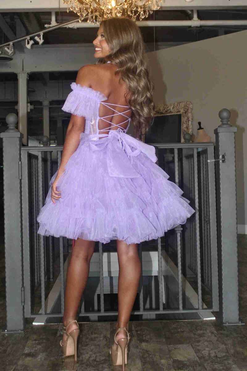 lavender strapless tulle short ruffle dress full back shot