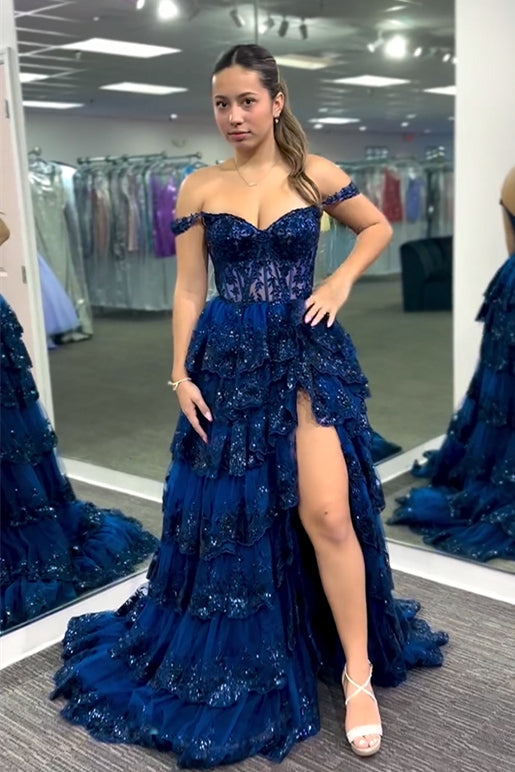 Hot Navy Blue Tulle Sequin Prom Dress Short Sheer Corset Bodice