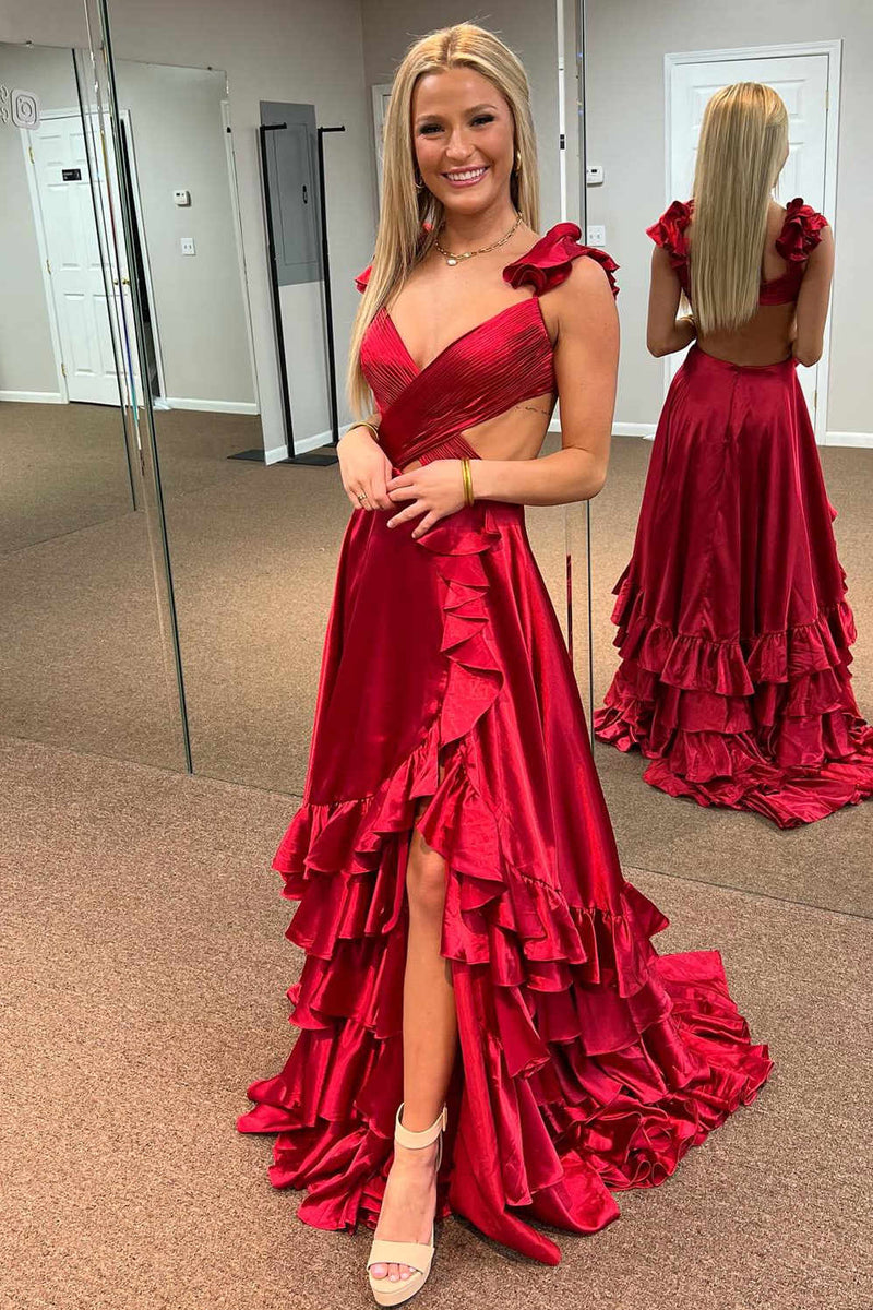Ruffled Straps Red Pleated Layered Long Prom Dress – FancyVestido