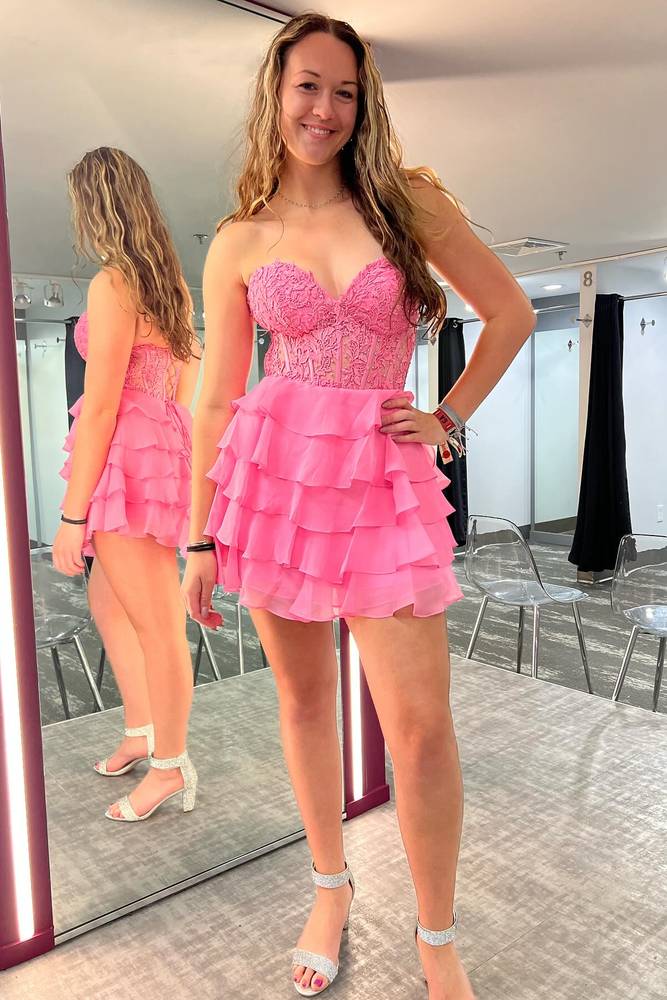 sweetheart hot pink tiered short party dress front side