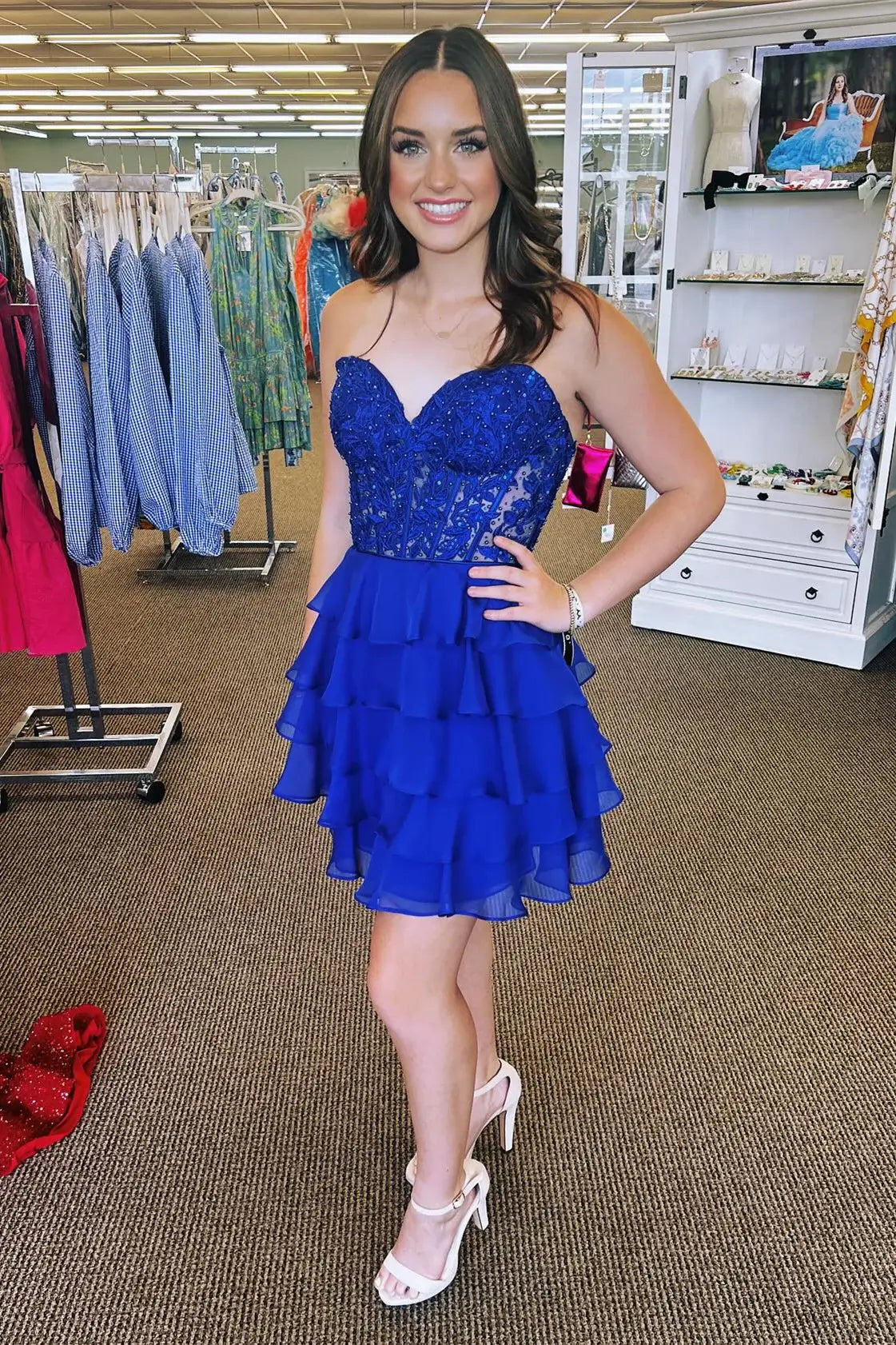 sweetheart royal blue appliques tiered short homecoming dress full shot
