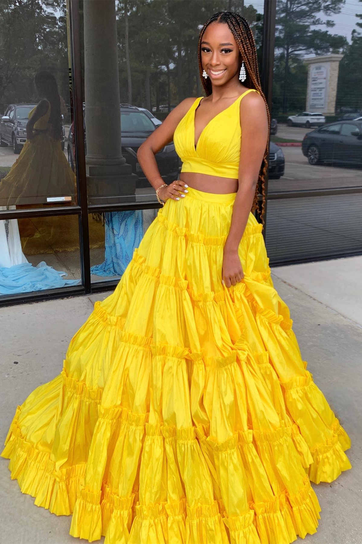 Yellow two piece fashion prom dress