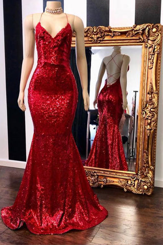 Red Glitter Spaghetti Straps Mermaid Prom Dress - Xdressy