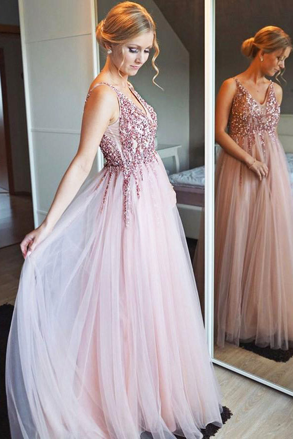 Sparkly Pink Long Prom Dress with Beaded Top – FancyVestido