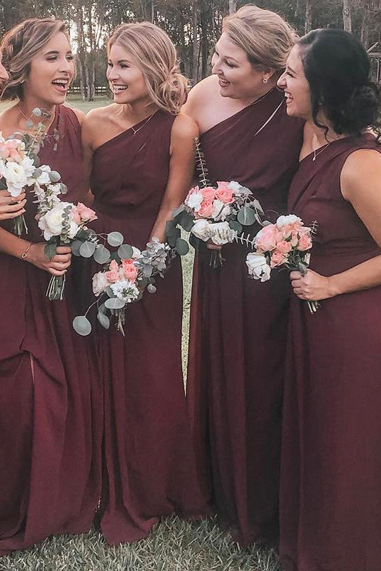 One Shoulder Burgundy Chiffon Long Bridesmaid Dress – FancyVestido