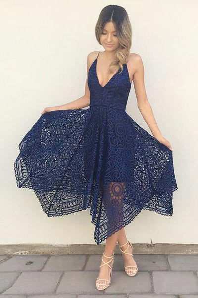 V Neck Navy Blue Lace Tea Length Bridesmaid Dress Custom Size Custom Color