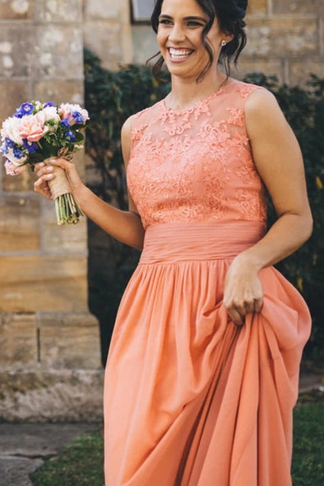 Long A line Peach Bridesmaid Dress with Lace Appliques