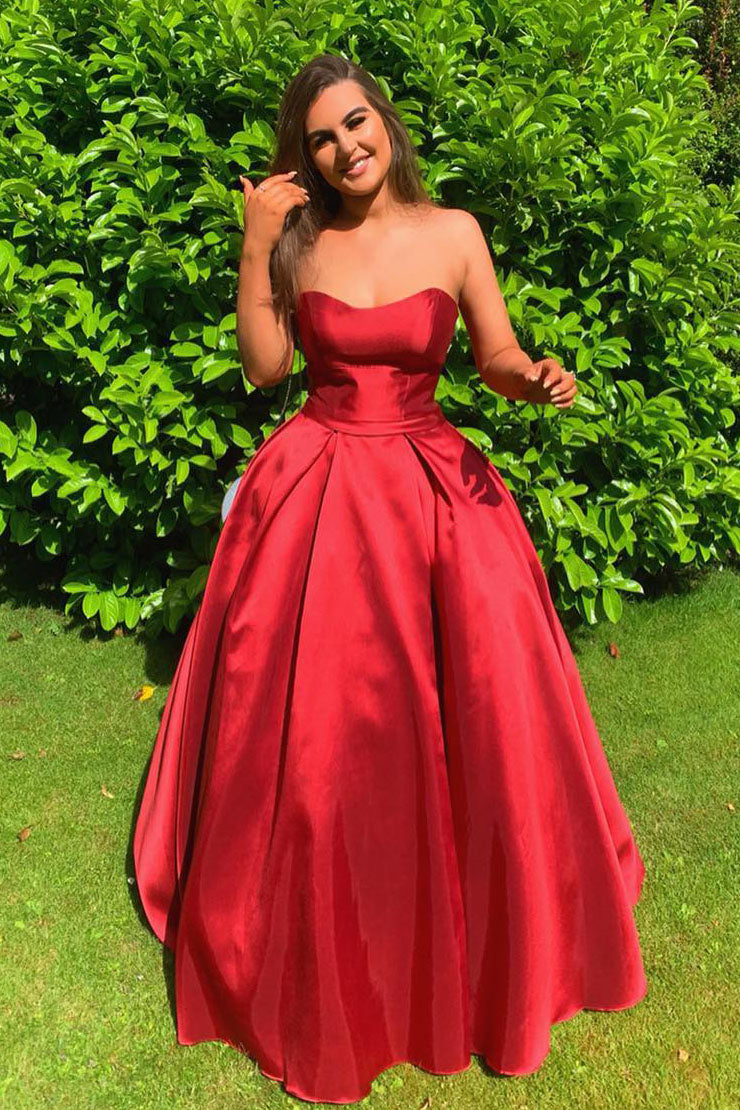 Simple Empire Strapless Red Satin Long Prom Dress