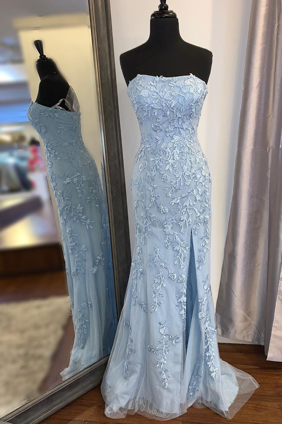 Elegant Strapless Mermaid Sky Blue Long Lace Prom Dress with Slit