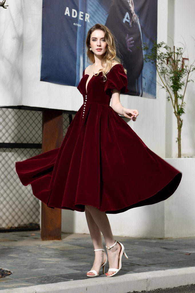 Fast Shipping Short Sleeves Lace up Back Burgundy Mid Calf Prom Dress