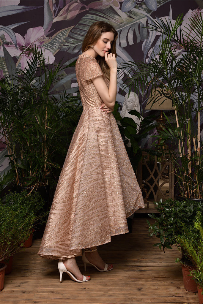 Fast Shipping High Low Rose Gold Prom Dress with Mini Sleeves