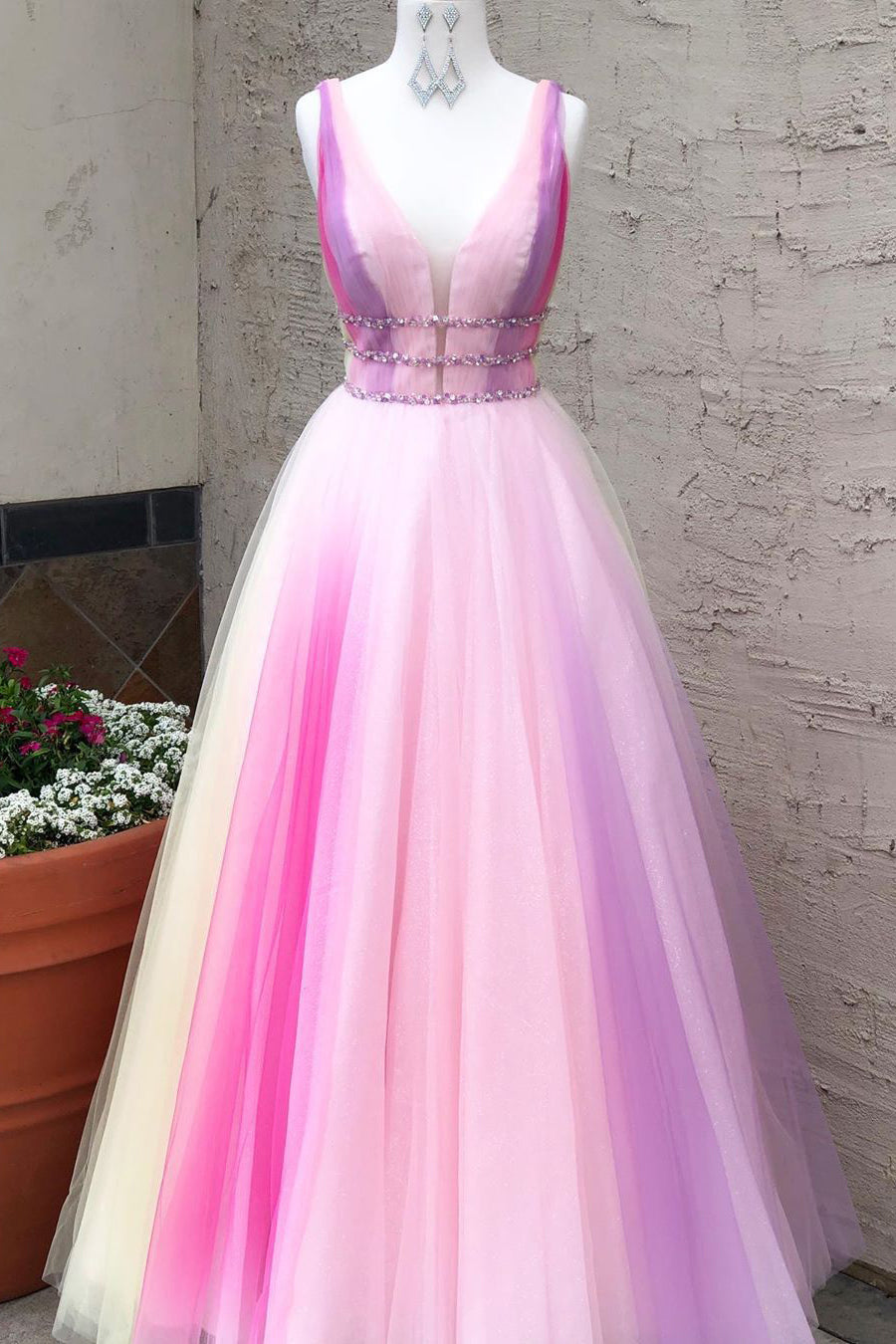 Princess V Neck A-Line Ombre Purple Long Prom Dress