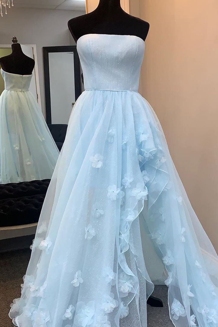 Princess Strapless High Low Appliques Light Blue Prom Dress