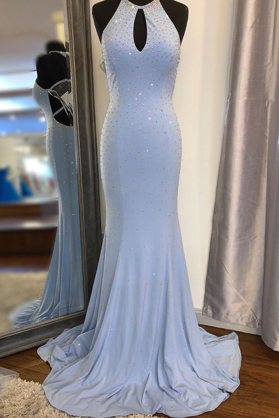 Elegant Halter Mermaid Beaded Long Prom Dress