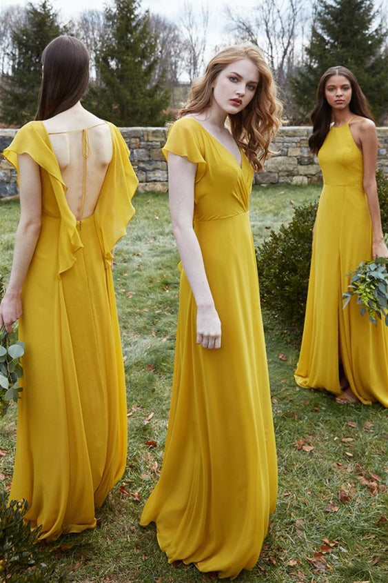 A-line Chiffon Floor-Length Mustard Yellow Bridesmaid Dresses – FancyVestido