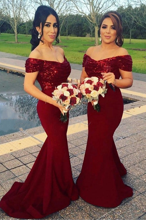 Off the Shoulder Long Burgundy Bridesmaid Dress FancyVestido