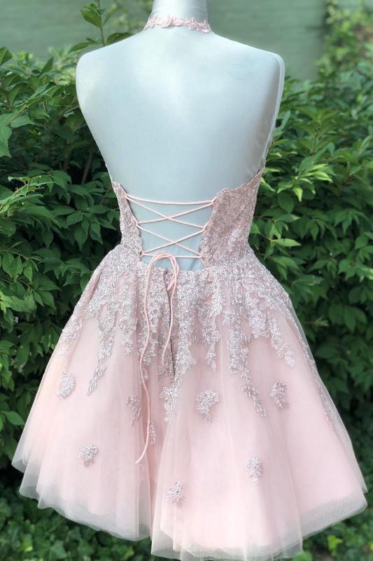 Halter Lace Up back Short Pink Lace Homecoming Dress