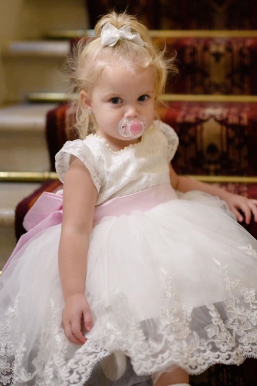 Lovely Toddler White Flower Girl Dress with Pink Bow – FancyVestido