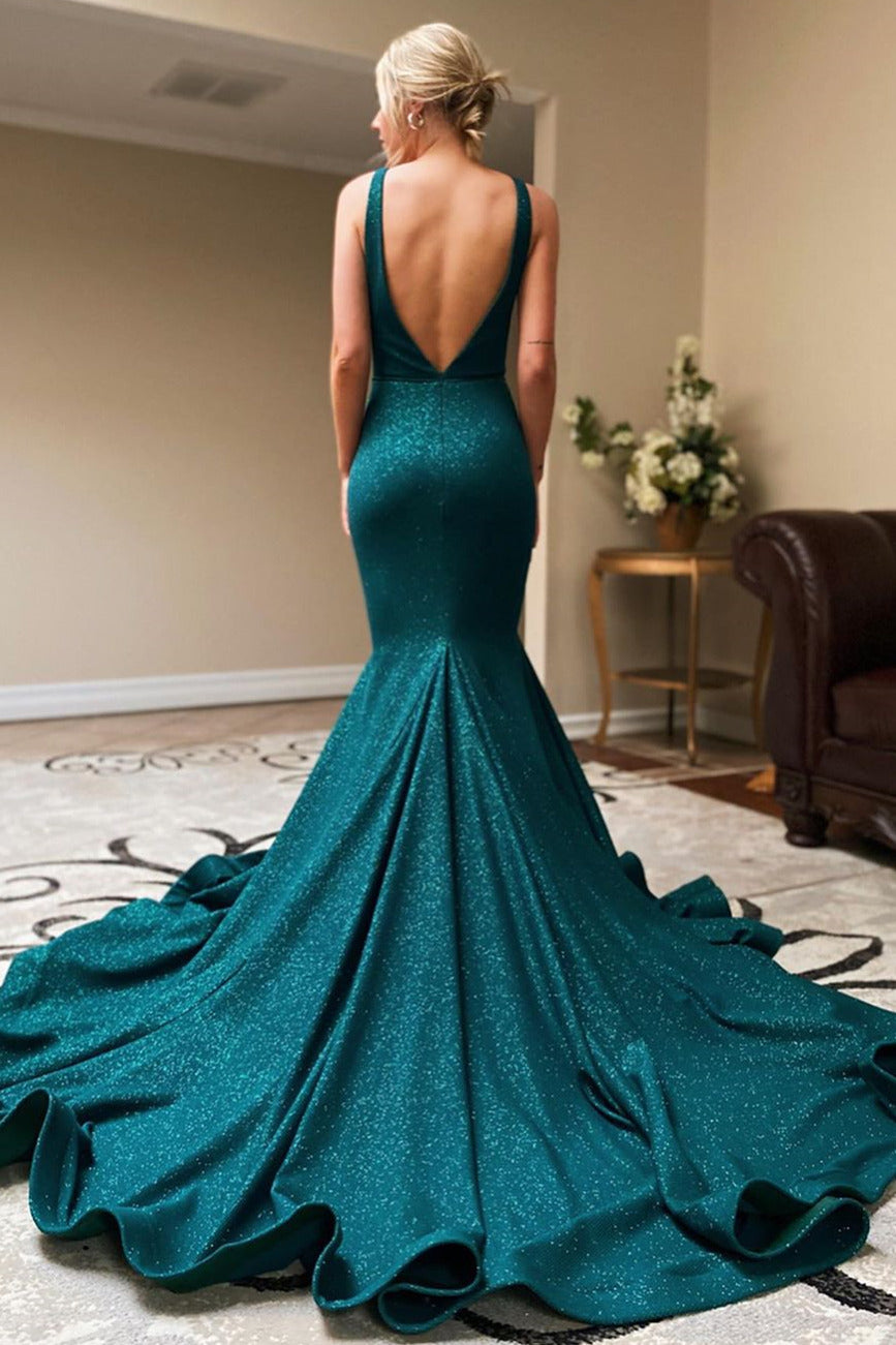 Dark Teal V Neck Mermaid Long Prom Evening Dress with Slit