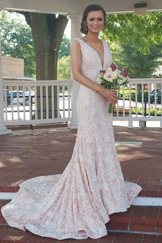 V-Neck Mermaid Long Peach Prom Dress with White Lace