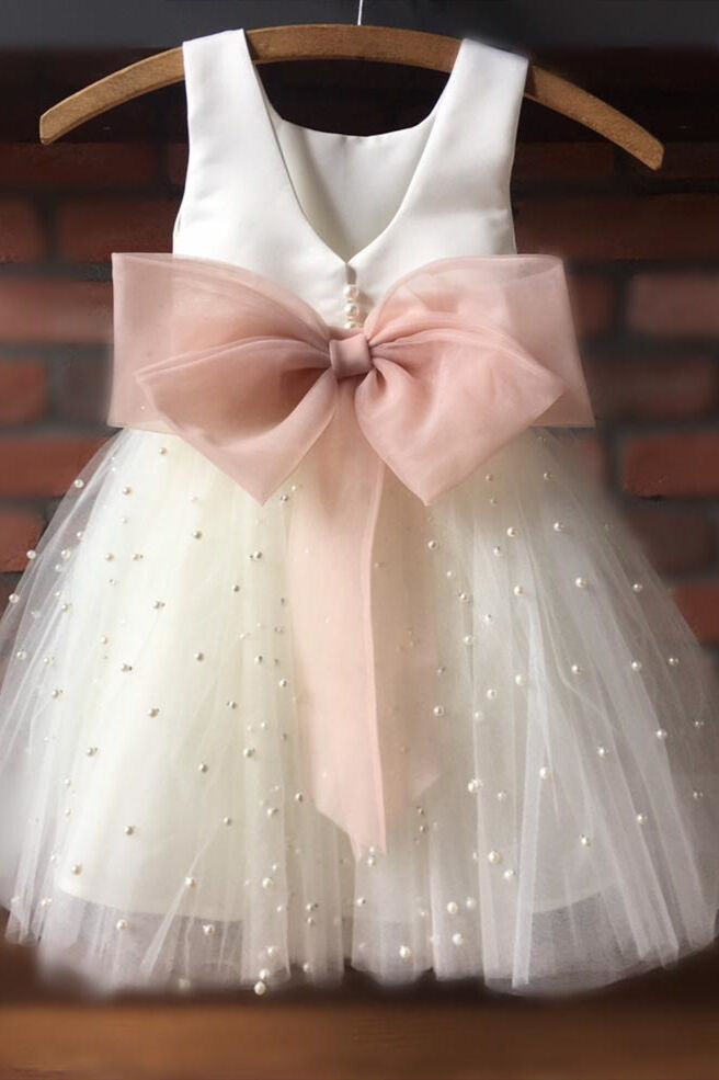 Cute Toddler White and Ivory Flower Girl Dress with Bowknot – FancyVestido