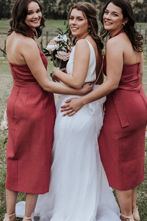 A-line Halter Tea-length Dark Coral Bridesmaid Dress with Belt –  FancyVestido