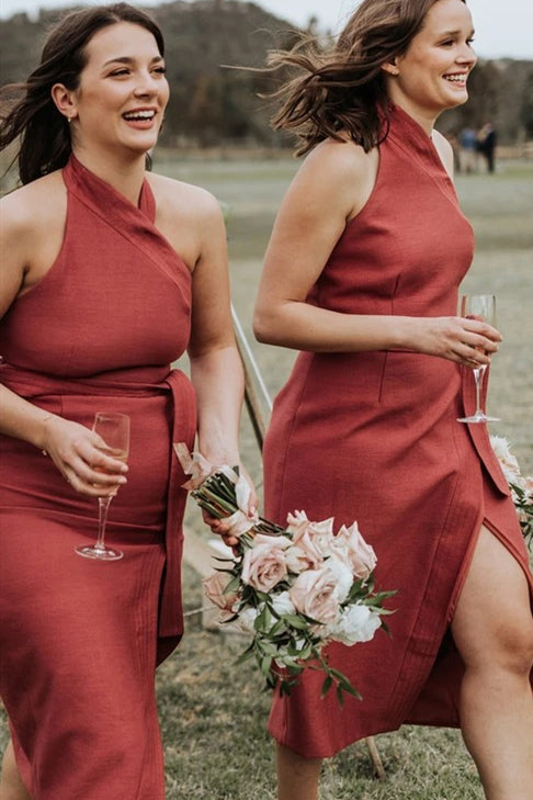 A-line Halter Tea-length Dark Coral Bridesmaid Dress with Belt –  FancyVestido