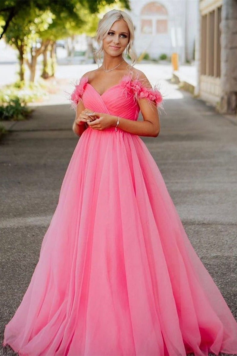 Off the shoulder Hot Pink Long Prom Dress – FancyVestido