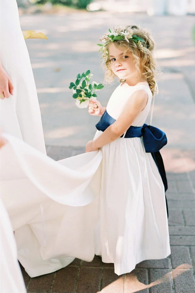 A line White Flower Girl Dress with Navy Blue Ribbon