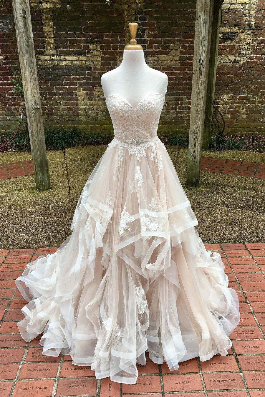 Long Cascading Ruffles A-line Sweetheart Ivory Wedding Dress with Lace