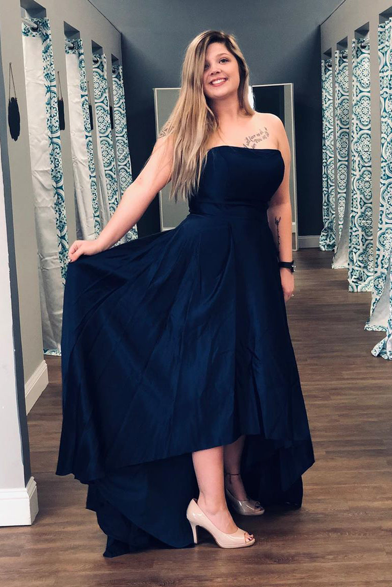 Strapless High Low Dark Navy Long Prom Dress