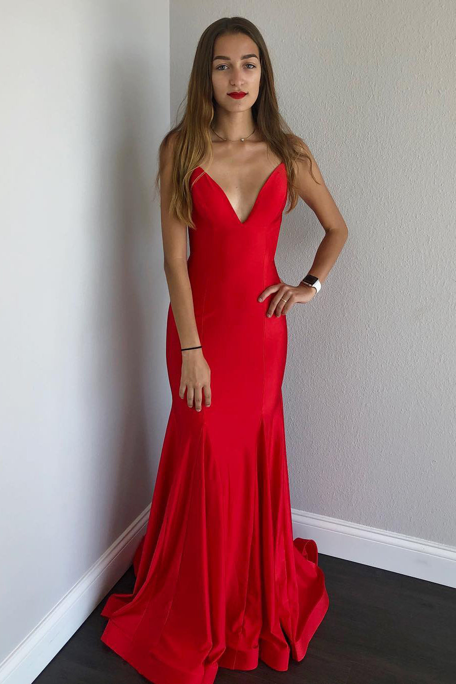 Mermaid Satin Long Red Prom Dress with Lace-up Back