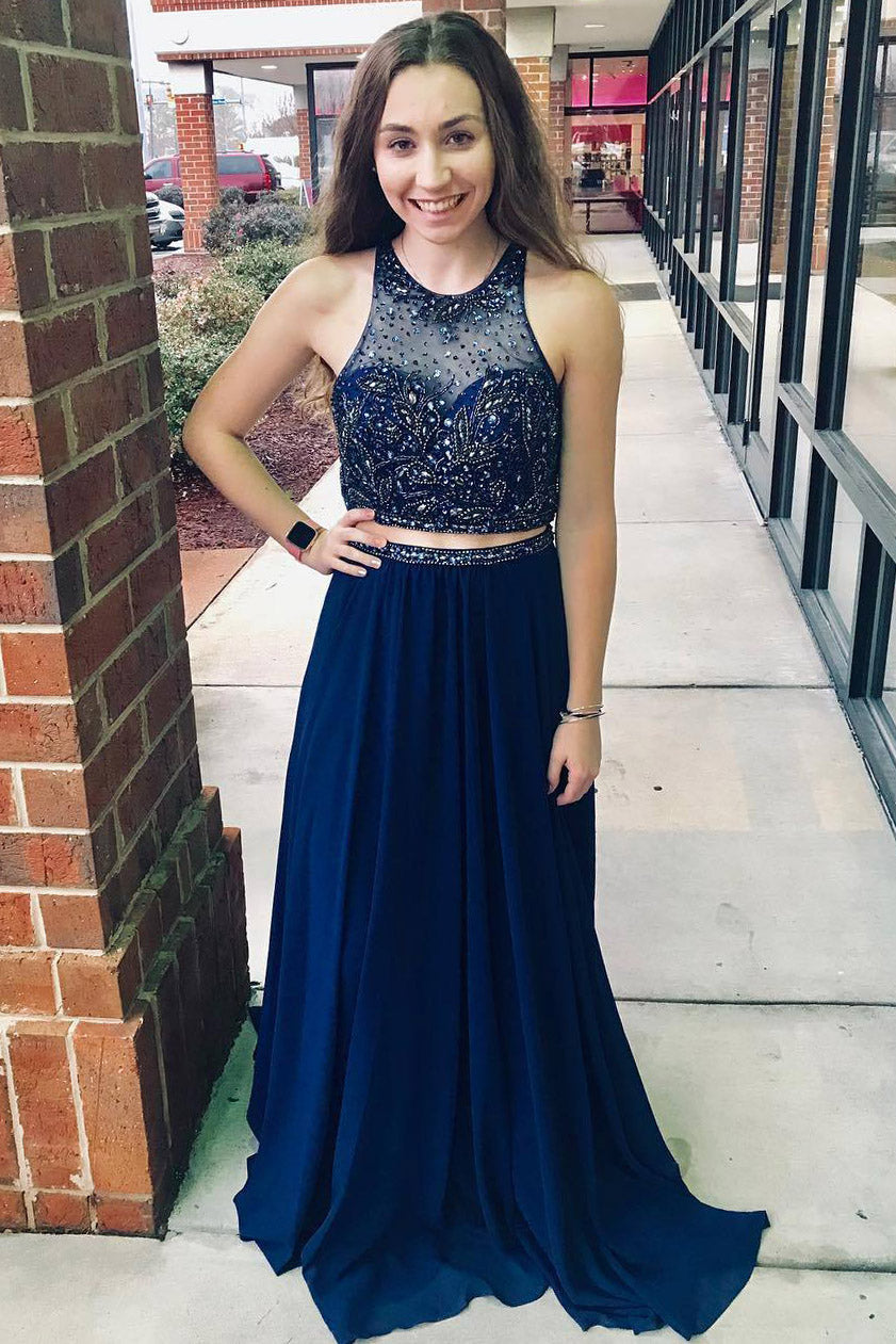 Navy shops blue 2 piece prom dress