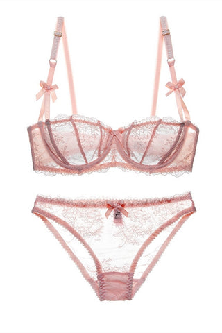 Elegant Illusion Pink Floral Lace Lingerie Set with Appliques – FancyVestido