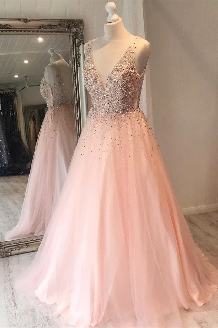 Light pink v neck prom dress hotsell