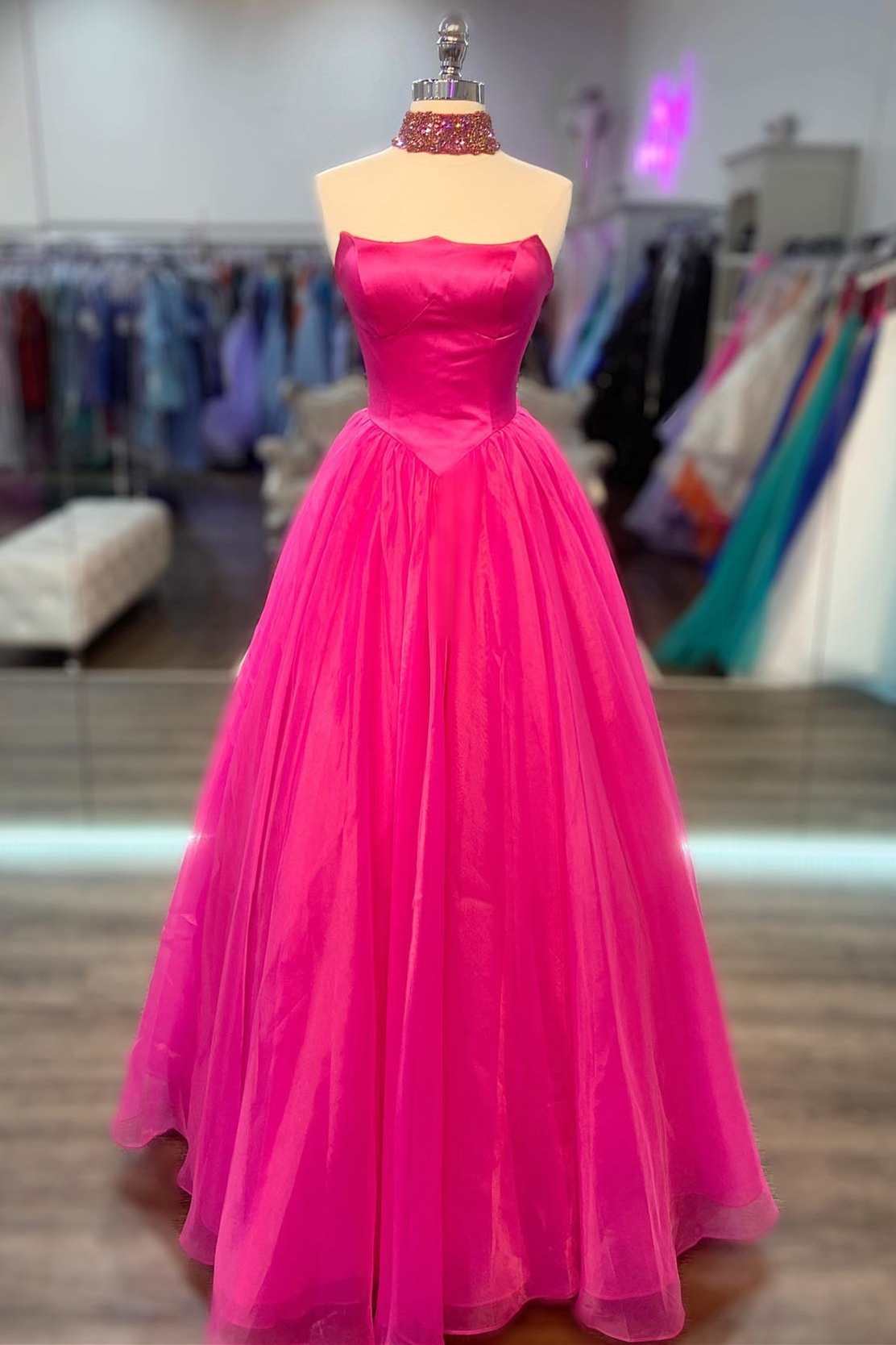 Simple Hot Pink Strapless Tulle Prom Dress with Pockets