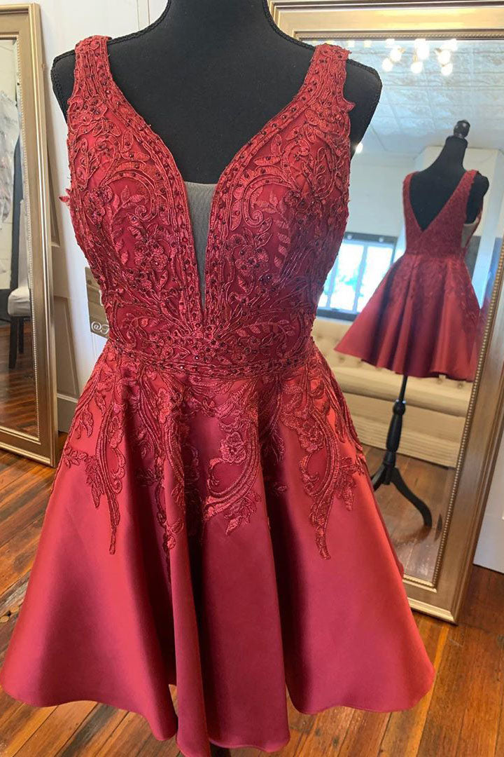 Lace Over Satin V-Back Little Red Homecoming Dress