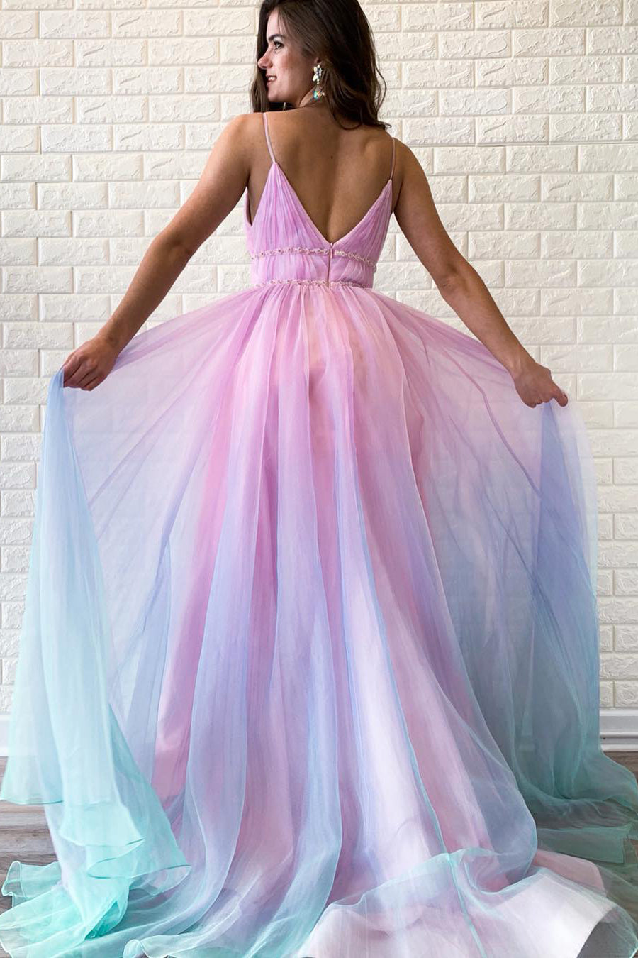 V-Back Beading Multi-Colored Long Prom Dress – FancyVestido