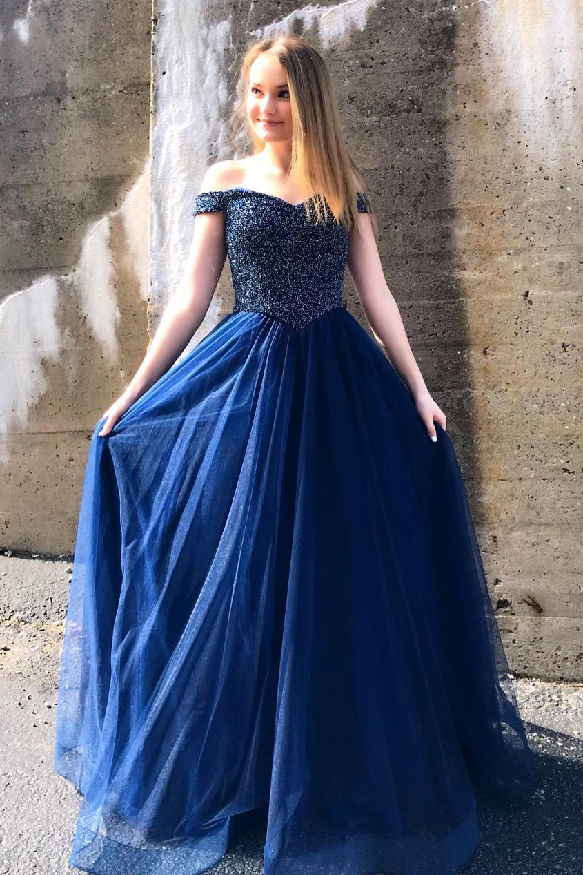 Off the shoulder navy prom dress hotsell