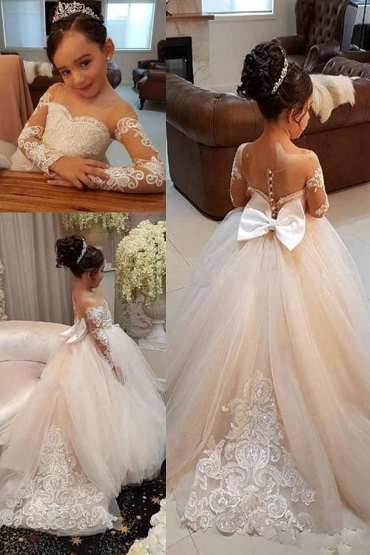 Princess Long Sleeves Appliques Long Ivory Flower Girl Dress with Trai ...