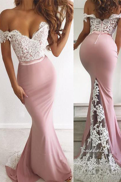 Off the Shoulder Pink Mermaid Evening Dress White Lace Appliques –  FancyVestido