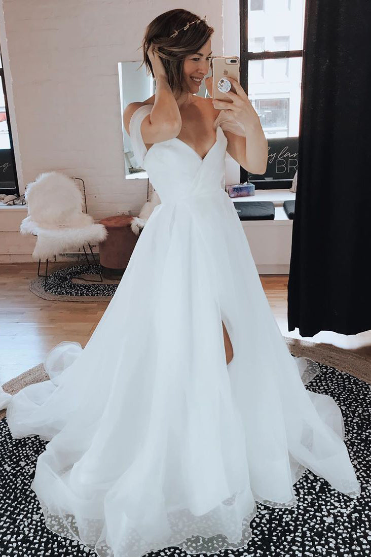 Long A-line Off the Shoulder White Wedding Dress with Split – FancyVestido